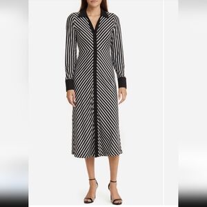 Elegant Black and White Striped Long Sleeve Dress